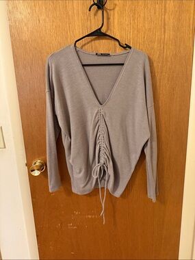 Zara Woman Gray V-Neck Ruched Drawstring Long Sleeve Top